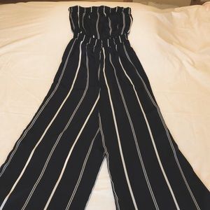 Navy Blue Striped Strapless Pantsuit